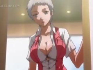 Shorthaired hentai teenager boobs teased by her grand gf
