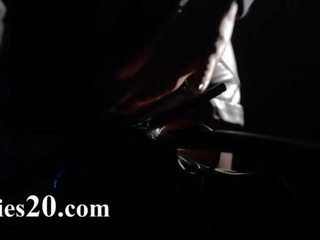 Blindfolded model gets fuck by strap on
