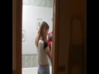 Skinny adolescent masturbating on the toilet